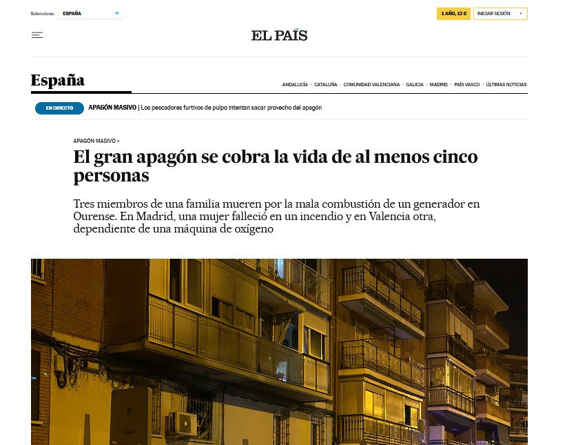 El Pais: не менее пяти человек погибли из-за блэкаута в Испании По меньшей мере пять человек погибли в Испании из-за обстоятельств, связанных с масштабным отключением электроэнергии в королевстве, пишет El Pais. По данным газеты, в Оренсе трое членов семьи скончались от отравления угарным газом, источником которого мог быть неисправный генератор. В Каталонии как минимум девять раз оказывали помощь из-за ненадлежащей работы электрогенераторов. В Альсире скончалась 46-летняя женщина, подключенная к кислородном аппарату, работавшему от электричества. В результате квартирного пожара в Мадриде погибла женщина. Источником возгорания, по предварительном данным, могла стать свеча. Кроме того, 13 человек обратились за медицинской помощью и пятеро из них госпитализированы из-за сильного задымления. Национальный суд Испании проведет расследование масштабного отключения электроэнергии, сообщает Reuters. Инстанция намерена установить, была ли причиной блэкаута на Пиренейском полуострове кибератака на критическую инфраструктуру страны. По данным издания Europa Press, в постановлении отмечается, что в случае признания произошедшего диверсией это может рассматриваться как «террористическое преступление» в соответствии с Уголовным кодексом королевства. В постановлении также содержится заявление правительства о том, что 15 гигаватт вырабатываемой в то время энергии, что эквивалентно 60% потребляемой электроэнергии, были внезапно потеряны на пять секунд, чего никогда раньше не случалось. В связи с этим судья Национального суда Хосе Луис Калама потребовал от Национального криптологического центра и оператора электросетей Испании Red Eléctrica в течение 10 дней указать причины отключения электроэнергии, а Департамент полицейской разведки представить предварительный отчет о событиях, произошедших в этот понедельник по всей Испании. Ранее оператор Red Electrica исключил, что массовое отключение электричества «было вызвано инцидентом с кибербезопасностью»