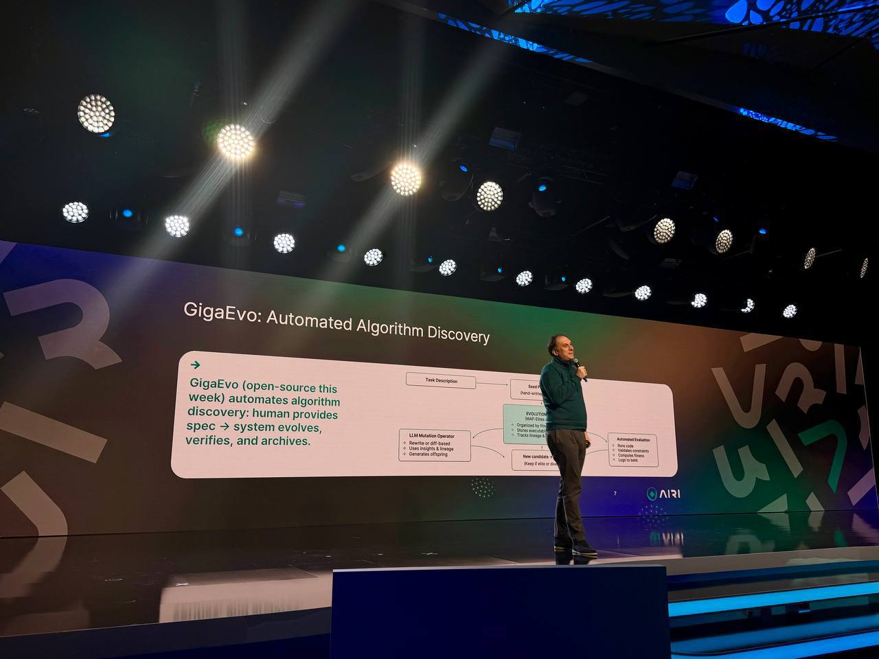 На конференции AI Journey Институт AIRI представил GigaEvo платформу для полной автоматизации экспериментов в ИИ Она самостоятельно подбирает архитектуры оптимизирует гиперпараметры и тестирует модели используя эволюционный поиск стратегий обучения Это ускоряет исследования и снижает нагрузку на специалистов GigaEvo интегрируется с AutoML и MLOps работает в облаке и корпоративных системах а также показывает прогресс экспериментов в реальном времени Платформа уже воспроизводит сложные научные задачи и доступна в открытом доступе