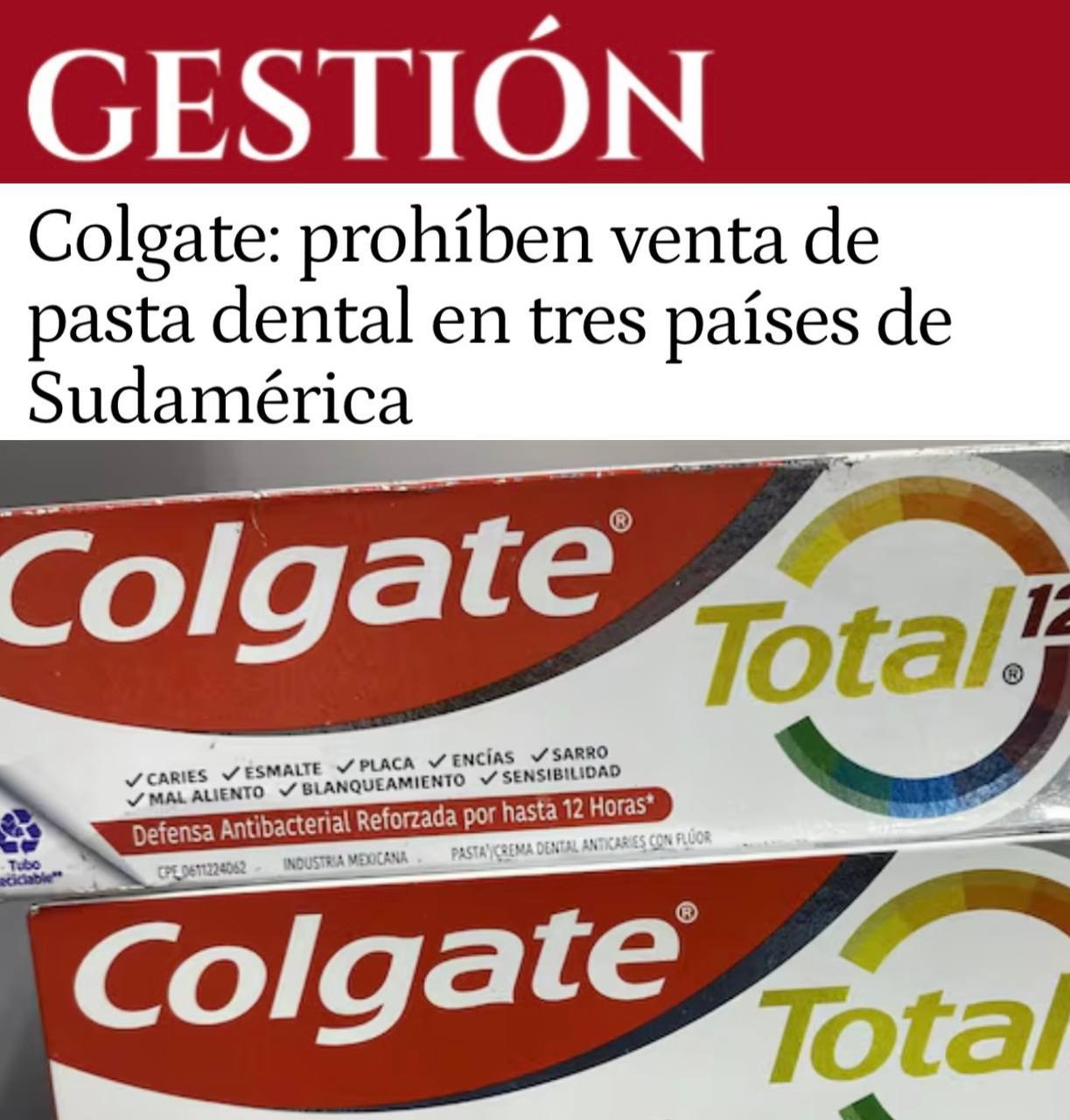 Популярную зубную пасту Colgate Total Clean Mint признали опасной и запретили продавать уже в четырёх странах — Аргентине, Эквадоре, Венесуэле и в Бразилии.  После использования этой пасты у людей появляются язвы во рту, волдыри, жжение, отёки и болевые ощущения.  У нас эта зубная паста свободно продаётся везде. Будьте осторожны и выбирайте другие средства для зубов.   первое впечатление