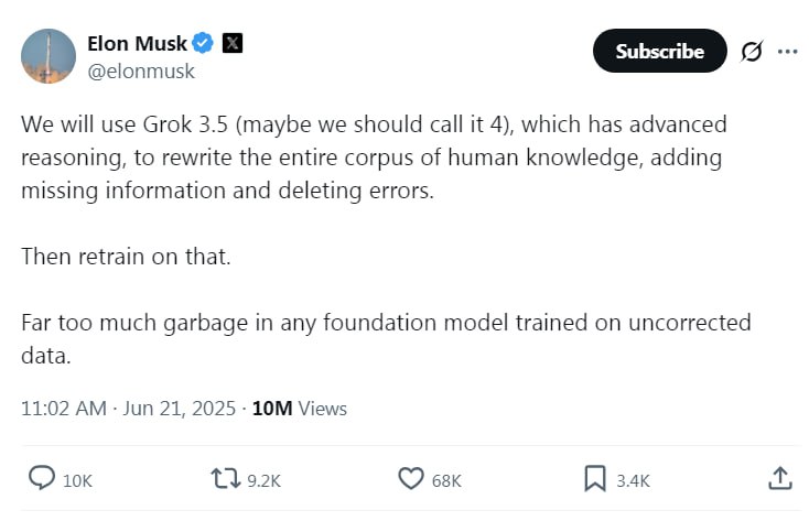 Илон Маск анонсировал масштабную переработку Grok 3.5 — модель перепишет «все человеческие знания»! По словам Маска в X, Grok 3.5 с функцией продвинутых размышлений возьмётся за исправление ошибок и добавление недостающей информации в корпус данных, на которых обучается ИИ. Сейчас в базовых моделях слишком много «мусора» из-за неисправленных и устаревших данных. После этого Grok 3.5 будет полностью переобучен — и, возможно, выйдет под новым именем Grok 4. Изначально запуск Grok 3.5 планировался ещё в апреле для подписчиков SuperGrok, но модель оказалась далека от идеала и требует серьёзной доработки. Переписывание и переобучение — шаги, которые отложат релиз новой версии, но обещают сделать Grok действительно умным и способным мыслить «из первых принципов», решая задачи вне обучающего корпуса. Ждём обновлений — будущее ИИ всё ближе!