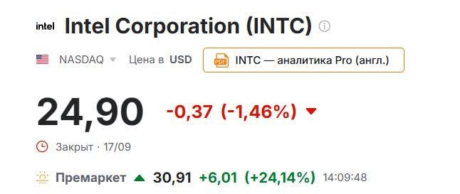 Nvidia в четверг заявила что инвестирует 5 миллиардов долларов в Intel поддержав испытывающий трудности американский завод по производству чипов но не стал заключать с Intel важную производственную сделку NVDA INTC AMD Пакт который также включает в себя план Intel и Nvidia по совместной разработке чипов для ПК и центров обработки данных представляет потенциальный риск для тайваньской TSMC В настоящее время TSMC производит флагманские процессоры Nvidia и в один прекрасный день самая дорогая компания в мире может распространить свой бизнес на Intel AMD которая конкурирует с Intel за поставки чипов для дата центров также может проиграть из за поддержки Nvidia Intel на премаркете прибавляет 24 jkinvest news jkinvest