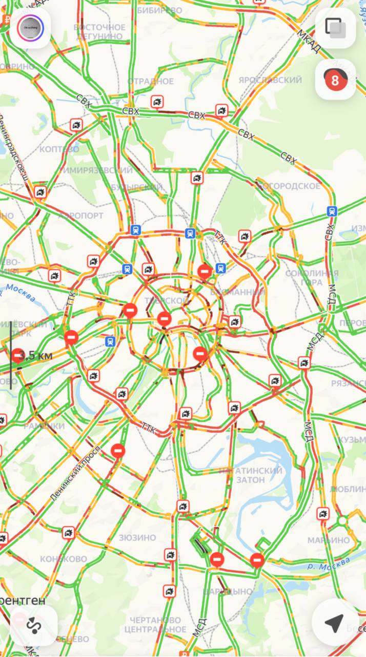 Затор в Москве — пробки достигли 8 баллов.