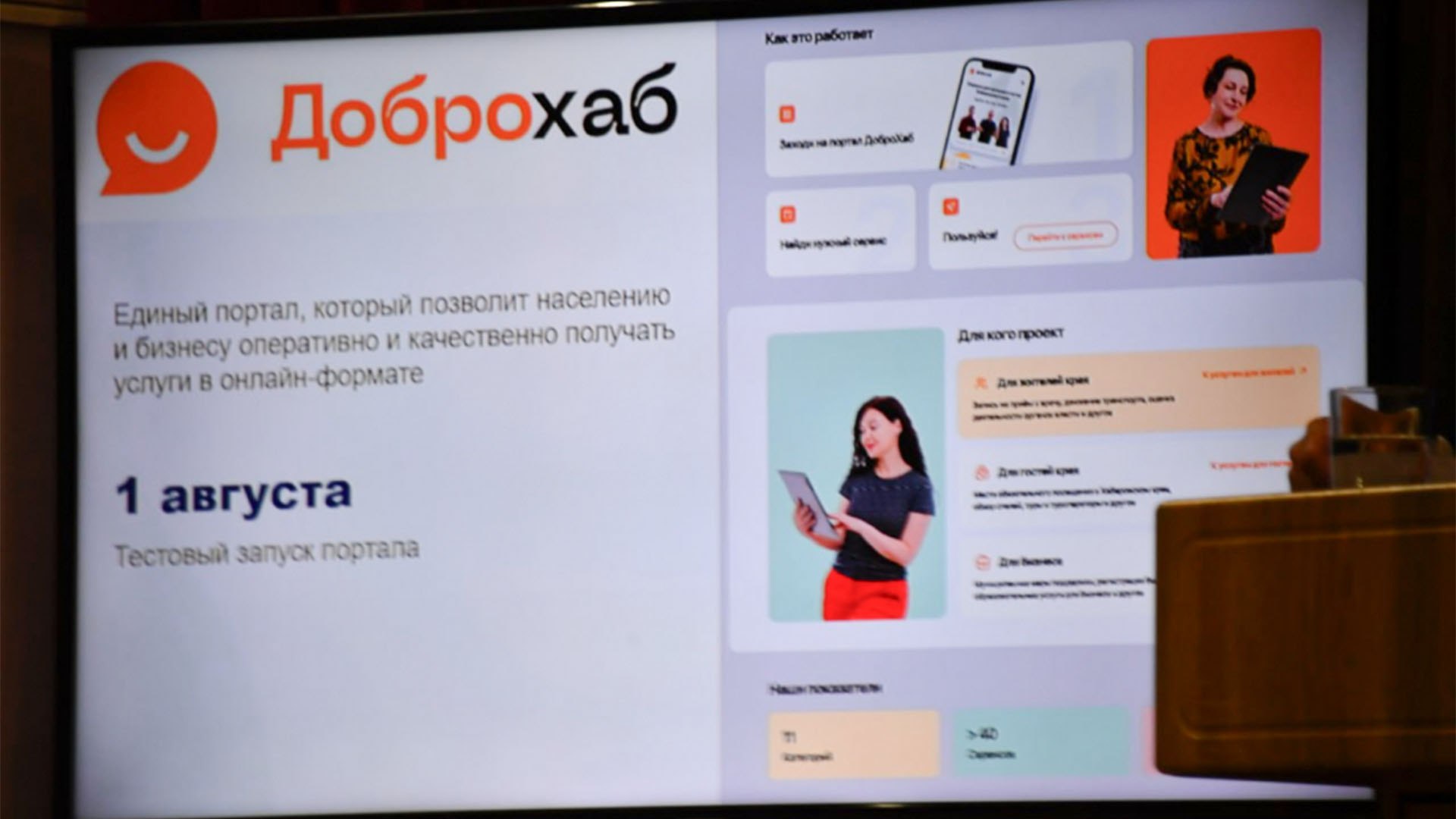 Единая цифровая экосистема «ДоброХаб» заработает в крае с 1 августа  С 1 августа в крае начнет работать единая цифровая экосистема. Концепция портала «ДоброХаб» основана на хорошо зарекомендовавших себя цифровых сервисах Москвы  «Наш город»  и Московской области  «Добродел» . Задача этих платформ, как и краевой, — создать прозрачную и открытую систему взаимодействия между гражданами, бизнесом и госорганами, обеспечить удовлетворение реальных потребностей без необходимости поиска нужного учреждения или услуги.  — «ДоброХаб» — это онлайн-площадка, где собраны все сервисы и услуги для жителей и гостей Хабаровского края. Постепенно портал будет наполняться не только ссылками на действующие сайты, но и собственными сервисами, — сообщил министр цифрового развития и связи Хабаровского края Евгений Демин. — Портал будет запущен в тестовом режиме с 1 августа.   Напомним, что в крае продолжает работу региональный портал «Услуги27», он предоставляет жителям края более 770 электронных услуг. За последние 5 лет функционал сайта расширился: появились проактивные уведомления, чат-бот, навигатор по мерам соцподдержки и мобильное приложение. Число пользователей портала выросло с 444 тысяч до более чем 600 тысяч человек.