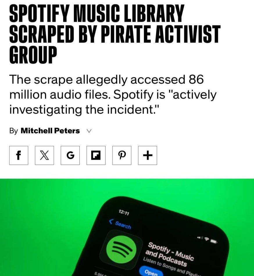 Spotify ломанули хакеры выкачали весь каталог треков и выложили в сеть Украли они 86 миллионов композиций на 300 терабайт В компании подтвердили факт взлома и заявили что ищут преступников Ссылок не дадим