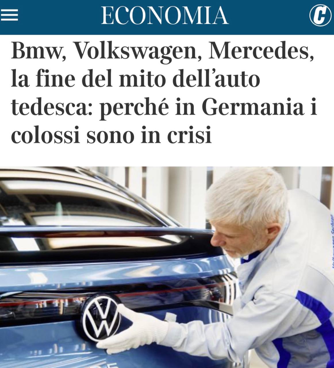 «BMW, Volkswagen, Mercedes, конец мифа о немецких автомобилях. Почему гиганты в Германии в кризисе»: Немцы осознали, что у их автопрома без российского газа пропала конкурентоспособность.  «Во-первых, выросли цены на энергоносители. После прекращения поставок российского газа цена энергоносителей в Германии резко выросла. Без дешёвого газа производство автомобилей в ФРГ стало значительно дороже. Во-вторых, есть трудности в Китае. Продажи на китайском рынке упали из-за бума электромобилей и протекционистской политики властей КНР, которые отдают предпочтение местным производителям. В-третьих, немецкий автопром последним подхватил тренд на электрокары и в этой сфере уже отстает»