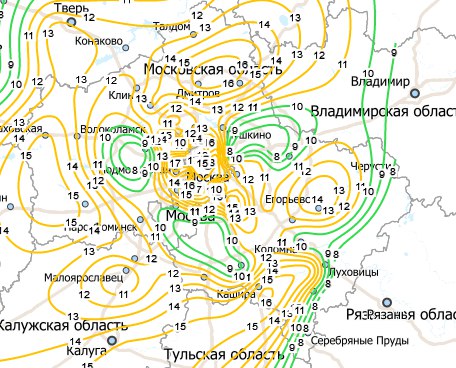 В ночь на 29 мая небо над столичным регионом оставалось совершенно ясным. Плотный южный ветер за день 28 мая подсушил почву,и в ночные часы она остывала быстрее, чем накануне. Этот фактор и рельеф местности сказались на распределении минимальной температуры воздуха. На карте видно, что в Подмосковье наблюдались «островки» , где воздух остыл до 8 градусов. И по Москве различия в температуре были значительны: на ВДНХ 13,7 градуса, на Балчуге 17,8 градуса, а в Бутово 8,5 градуса.