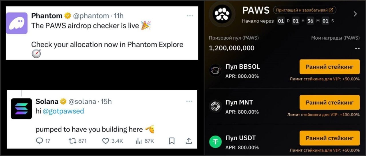 PAWS - заручились поддержкой от блокчейна Solana и кошелька Phantom. Обе платформы упомянули лапы на своих страницах в X. Может еще и ценой на листинге порадуют.    Завтра в 13:00 по МСК на Bybit будет запущен лаунчпул, где можно будет заработать дополнительные $PAWS застейкав USDT, BBSOL и MNT.    Ссылка на лаунчпул: bybit.com    Referrals   Miners   Telegram Stars  #paws #news