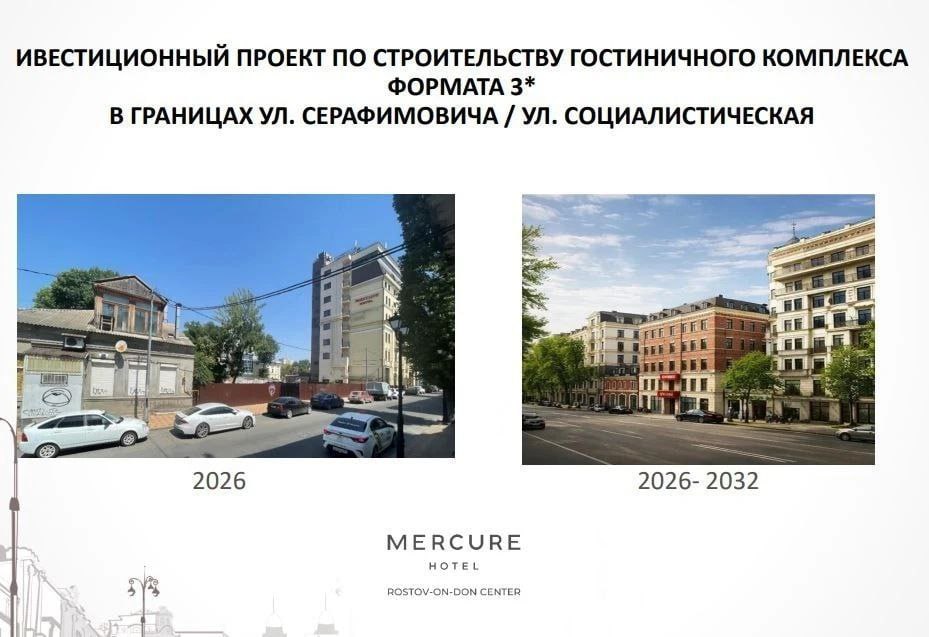Гостиничный комплекс за 1 млрд построят в центре Ростова В историческом центре донской столицы на месте снесённых аварийных домов появится новый отель Инвесторы вложат миллиард рублей а строительство развернётся в 2026 2030 годах Параллельно в Ростове планируют запустить завод алюминиевых катамаранов с уникальным лёгким сплавом и превратить бывший мукомольный завод 2 в современное общественное пространство за 1 5 млрд рублей domostroyrf