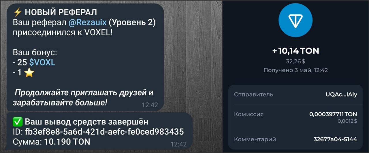  VOXEL - продал две модели на маркете и вывел 10 TON, проект стабильно платит. В игре можно зарабатывать не только обменом, но и продажей хороших моделей на маркете. Появились новые акции с Brawl Stars и CS. Полностью апгрейдили PVP режим и вышел новый функционал с наградами за просмотр рекламы. ℹ Напоминаю что, очередной обмен с $VOXL на TON пройдёт 27 мая. Сегодняшнее комбо ищем в комментах! Referrals Stars Gifts Market #voxel #payout
