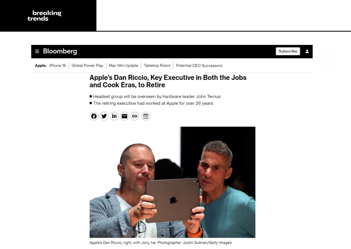 Глава разработки Apple Vision Pro Дэн Риччио уйдет в отставку после 26 лет работы в компании. Ранее он курировал достаточно успешные разработки в компании:  AirPods и iPad.   Абсолютно провальными проектами стали Apple Car, который так и не был реализован, и Vision Pro, с трудом закрепившийся на рынке.    Breaking Trends