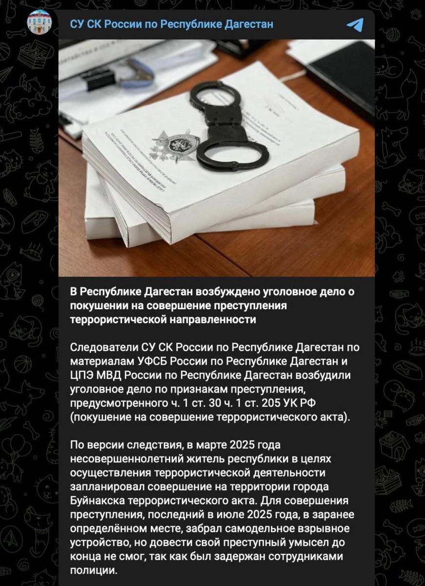 В Дагестане арестовали подростка, планировавшего теракт у здания МВД в Буйнакске. Возбуждено уголовное дело о покушении на совершение теракта, сообщили в Следственном комитете. «По версии следствия, в марте 2025 года несовершеннолетний житель республики в целях осуществления террористической деятельности запланировал совершение на территории города Буйнакска террористического акта. Для совершения преступления, последний в заранее определённом месте забрал самодельное взрывное устройство, но довести свой преступный умысел до конца не смог, так как был задержан сотрудниками полиции. В отношении подозреваемого избрана мера пресечения в виде заключения под стражу. Проводятся следственные действия, направленные на закрепление доказательственной базы», — говорится в сообщении.