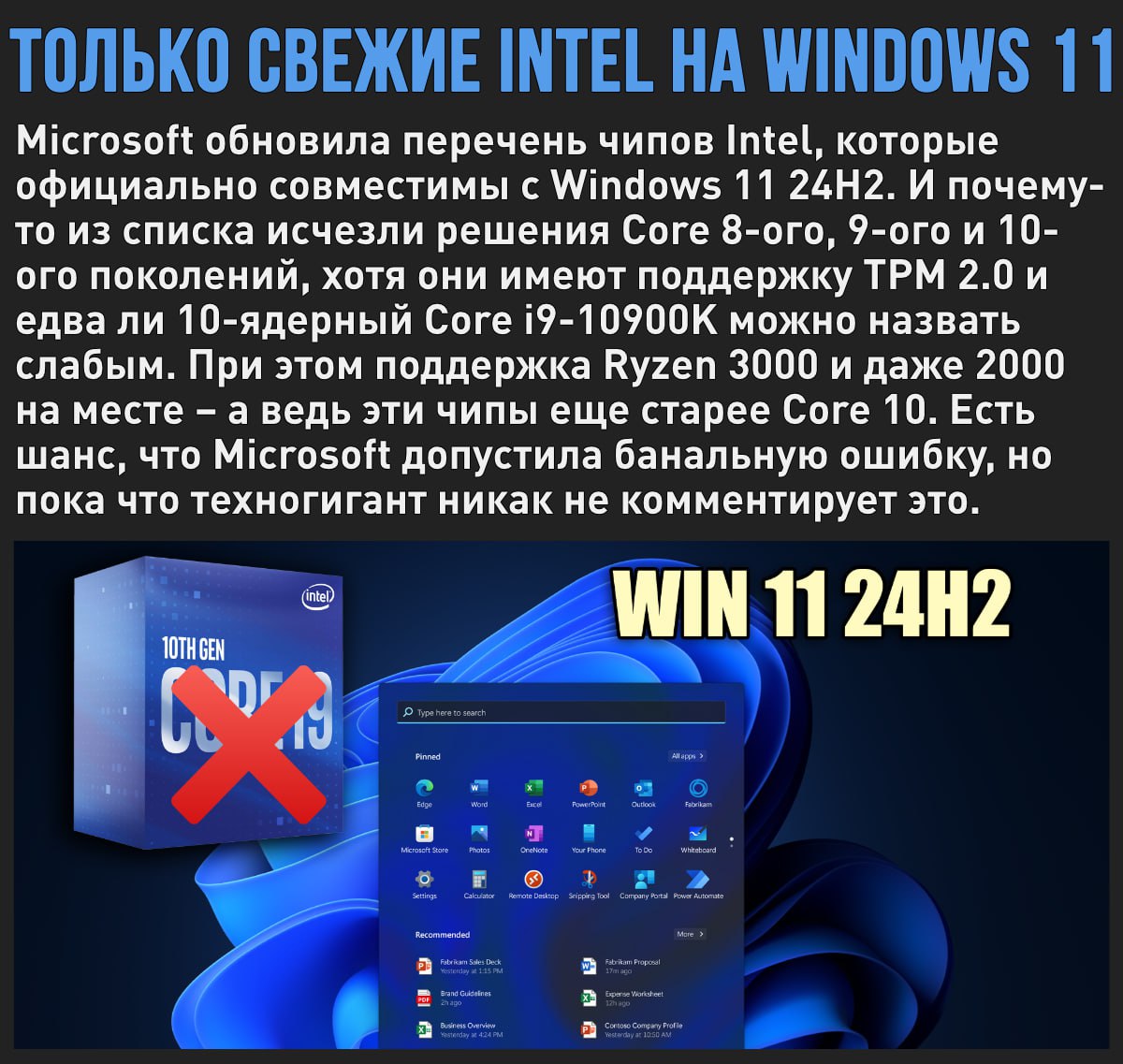 Microsoft лишила чипы Intel Core 8-ого, 9-ого и 10-ого поколений поддержки Windows 11 24H2. Компания делает для продвижения Linux больше, чем его разработчики