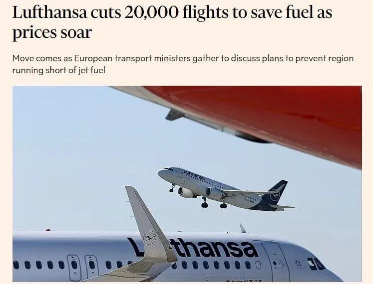 Немецкая авиакомпания Lufthansa отменит 20 000 перелетов из за нехватки авиатоплива FT  Немецкий авиаперевозчик отменил около 120 ежедневных рейсов В общей сложности до октября из расписания будет исключено 20 000 ближнемагистральных рейсов что эквивалентно примерно 40 000 метрическим тоннам авиационного топлива цена которого удвоилась с начала конфликта с Ираном сообщили в компании  Ранее Reuters писал что Россия намерена с 1 мая прекратить экспорт нефти из Казахстана в Германию