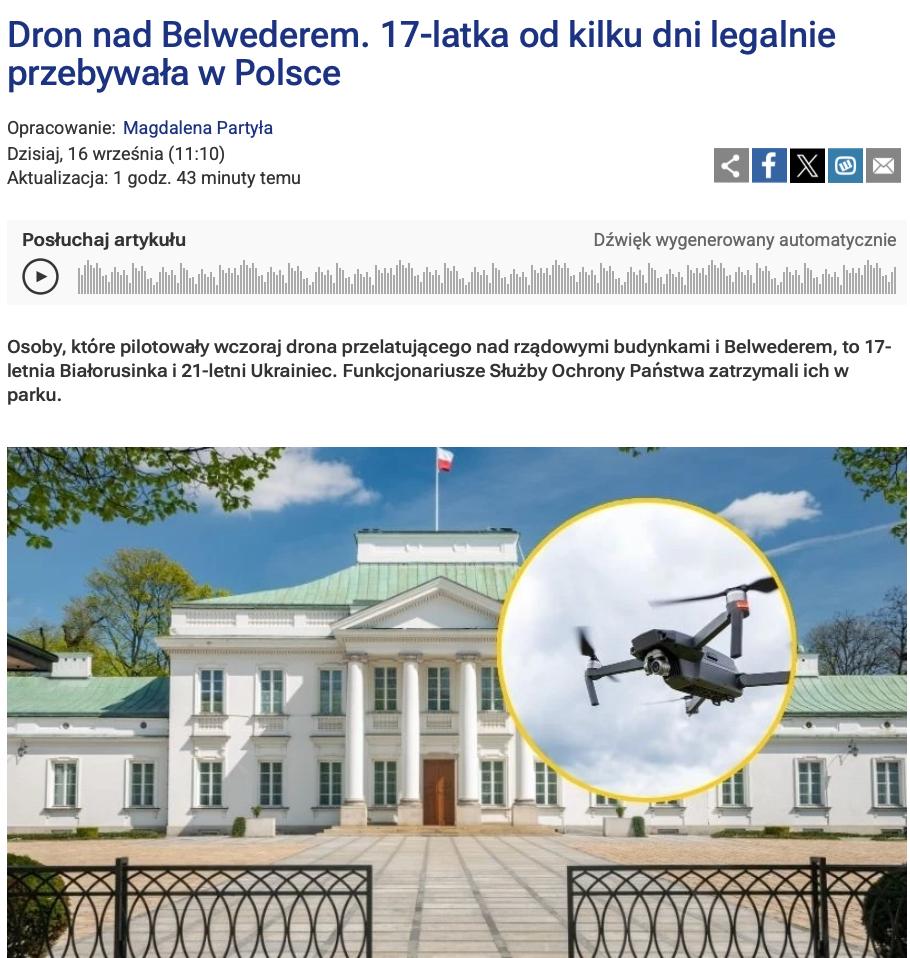 Виноваты не русские в Польше задержали украинца за запуск дрона над правительственными зданиями В Варшаве схватили 21 летнего украинца и 17 летнюю белоруску их подозревают в запуске дрона над правительственными зданиями и президентским дворцом 15 сентября Поляки тогда устроили очередную истерику Пресс секретарь польских спецслужб Яцек Добжиньский поспешил с оправданиями Это не масштабная шпионская операция Молодые люди возможно просто хотели снять видео над Лазенковским парком то есть над дворцом они летали скорее из любопытства чем из злого умысла   Украинцу и белоруске грозит до пяти лет за незаконный полет Служба охраны Польши заметила дрон около 19 00 заставила его вернуться к операторам после чего обоих задержали Вот и получается что в полетах БПЛА над Польшей виноваты либо погода либо любопытные граждане которые конечно не могли специально устроить провокацию Когда же найдут тот самый российский след Осташко Важное подпишись важное
