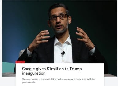 Google пожертвовал один млн долларов на инаугурацию Трампа, сообщает Politico.  «Google рада поддержать инаугурацию 2025 года прямой трансляцией на YouTube и прямой ссылкой на нашей домашней странице. Мы также делаем пожертвование инаугурационному комитету», — сказал в своем заявлении глобальный руководитель Google по связям с правительством и государственной политике.   Ранее один млн долларов  в инаугурационный фонд Трампа пожертвовала корпорация Meta  Марка Цукерберга.    Признана экстремистской и запрещена в России.