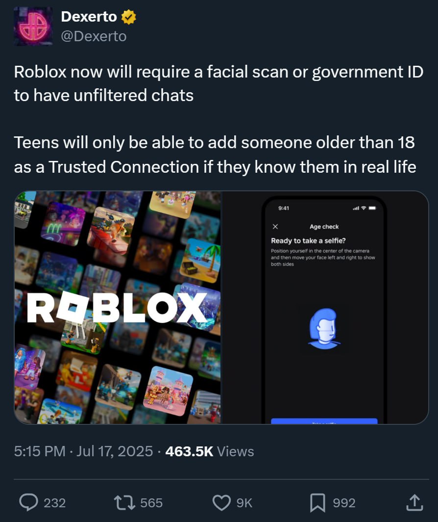 Больше никаких бешеных школьников в Roblox Разрабы добавят в игру нейронку, которая будет определять возраст геймера по селфи или документу. Если ИИ определит, что геймеру меньше 13 лет, то система заткнет его во всех чатах. Наконец-то разрабы делом занялись.