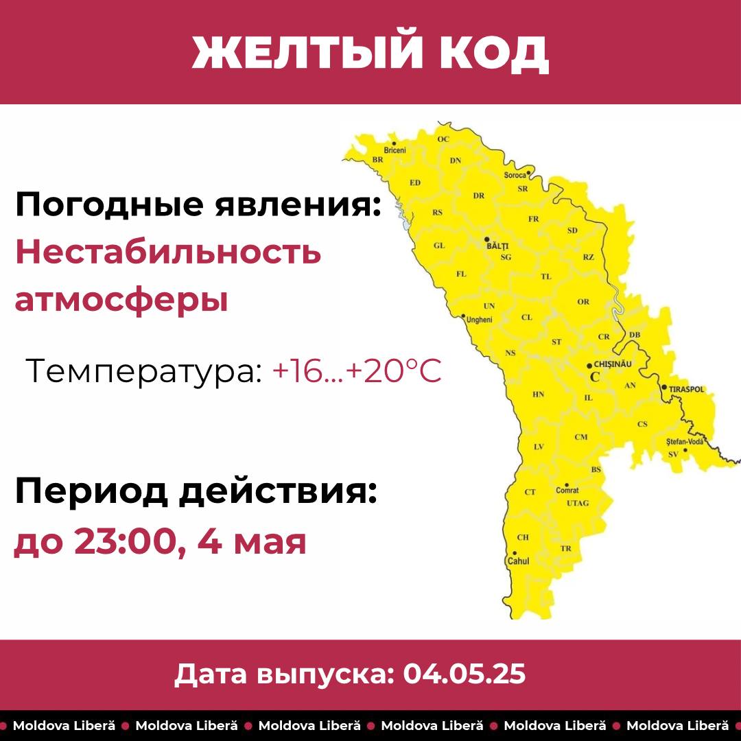 В Молдове объявлен жёлтый код из-за гроз и сильного ветра До 23:00 4 мая в стране ожидаются кратковременные дожди с грозами, местами — ливни, град и шквалы ветра до 20 м/с. Синоптики призывают соблюдать осторожность.