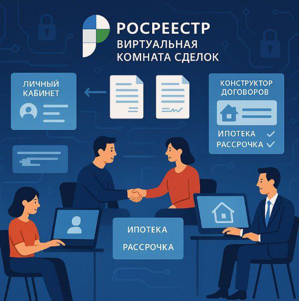 Росреестр разрабатывает виртуальную комнату сделок Росреестр создаст виртуальную комнату для сделок с недвижимостью — цифровой сервис, который позволит покупать и продавать недвижимость онлайн. В защищённом пространстве пользователи смогут обмениваться документами, создавать личные кабинеты и использовать конструктор договоров, учитывающий особенности сделок например, ипотеку или рассрочку . До конца года планируется запуск минимального функционала сервиса, который будет доступен как физическим, так и юридическим лицам. В будущем через платформу можно будет совершать сделки со всеми видами недвижимости, что упростит и ускорит процесс оформления прав и регистрации объектов.