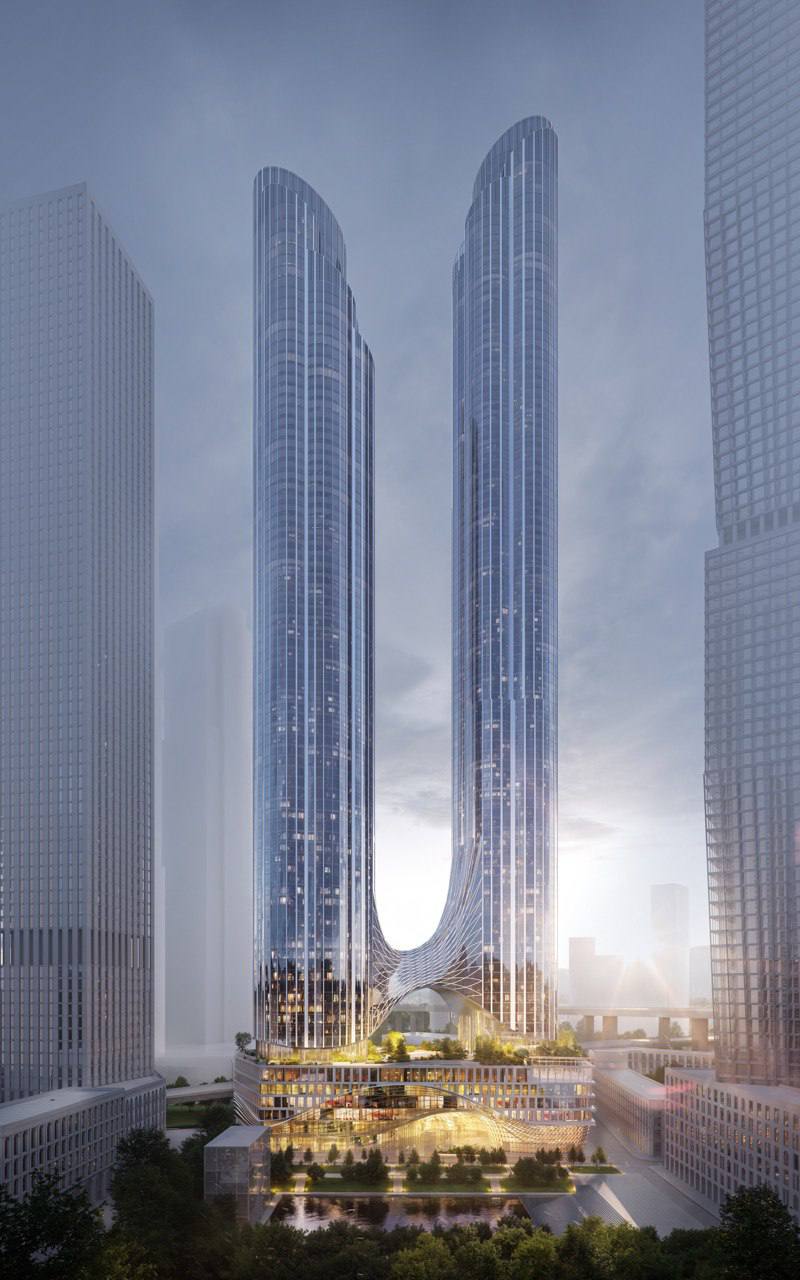 В Москве утвердили архитектурную концепцию самого высокого в Европе жилого комплекса который построит Страна Девелопмент рядом с Москва Сити в будущем районе Сити 2 Комплекс из двух башен на общем стилобате включит самую высокую 384 метровую башню до 96 этажей подземные уровни и пространства суммарной площадью более 280 тыс кв метров В кластер войдут жилье бизнес центр культурные досуговые и коммерческие пространства паркинг Проект реализуют на территории микрорайона Камушки 2 й Красногвардейский проезд где в рамках Сити 2 планируется построить около 2 млн кв метров недвижимости Монолит