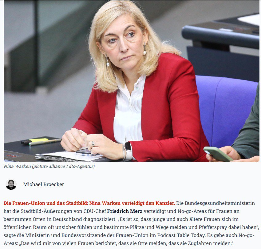 О запретных зонах для женщин в Германии Министр здравоохранения Германии Нина Варкен поддержала высказывание канцлера Германии Фридриха Мерца что проблема миграции заметна в облике городов Она заявила Молодые а также пожилые женщины часто чувствуют себя неуверенно в общественных местах и избегают определенных мест а также носят с собой перцовый баллончик Мне сообщают что многие женщины избегают поездок на поезде Это также проблема миграции Количество насильственных преступлений возросло в том числе большая часть подозреваемых в совершении преступлений иностранцы Наш канал в MAX