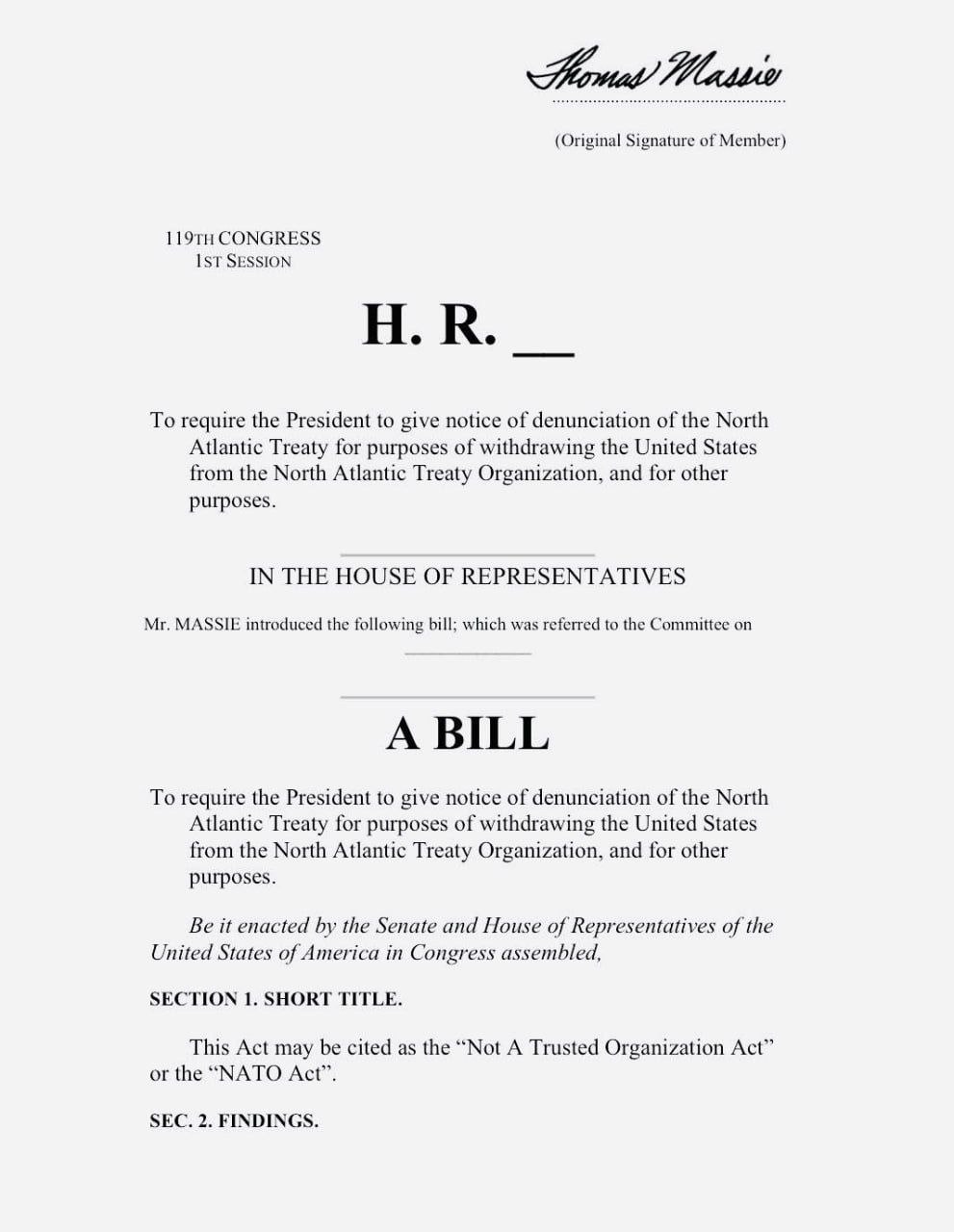 Законопроект о выходе США из НАТО представил американский конгрессмен республиканец Томас Масси НАТО это реликвия холодной войны Соединенные Штаты должны выйти из НАТО и использовать эти деньги для защиты нашей страны а не социалистических стран написал политик в соцсети Х Caucasian bureau