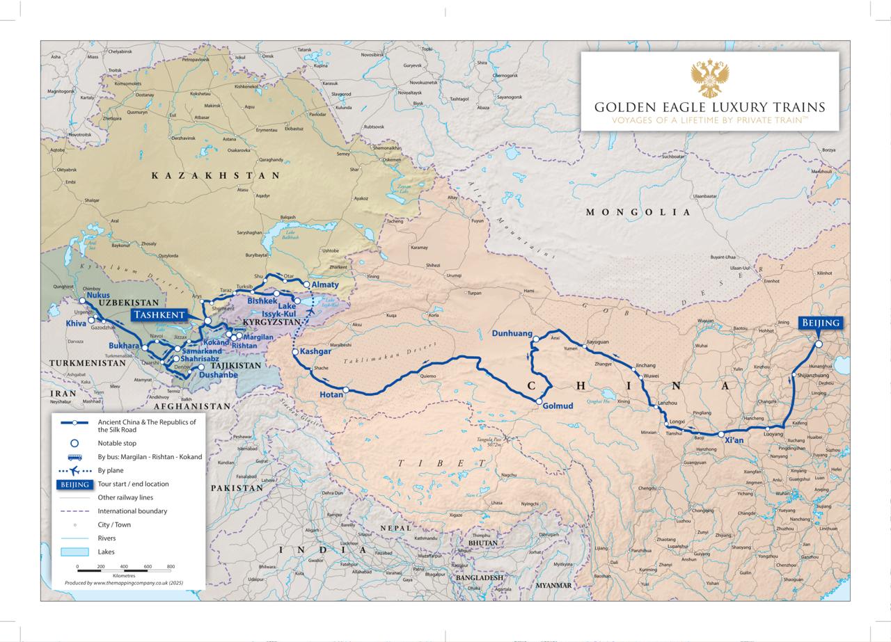 По Шёлковому пути запустят роскошный поезд через пять стран  Компания Golden Eagle Luxury Trains анонсировала маршрут Пекин Ташкент длиной 3862 км  Поезд пройдет через Китай Казахстан Кыргызстан Таджикистан и Узбекистан  В программе Запретный город Великая Китайская стена Терракотовая армия пустыня Гоби а также Алматы Бишкек Душанбе Самарканд Бухара и Хива  В поезде купе с ванными комнатами ресторан бар с роялем и имперские сьюты  Стоимость от 50 700 долларов на человека 3 885 170 рублей В цену включены проживание и питание наземный транспорт трансферы до аэропорта медстраховка и прочие услуги  Первые рейсы запланированы на 2026 и 2027 годы Путешествие займет 22 дня tipical vizovik