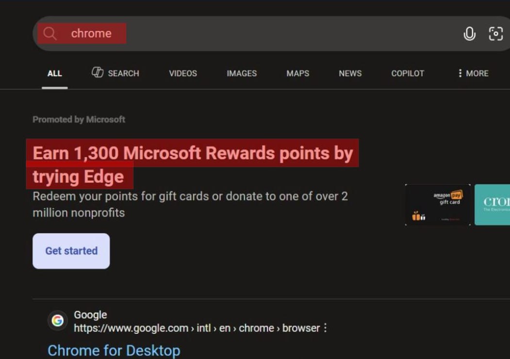 Microsoft платит юзерам взятку в 1 чтобы они не ставили Google Chrome если в поиске вбить chrome то дадут по 1 300 баллов эквивалент 110 Снимать их в рублях нельзя увы