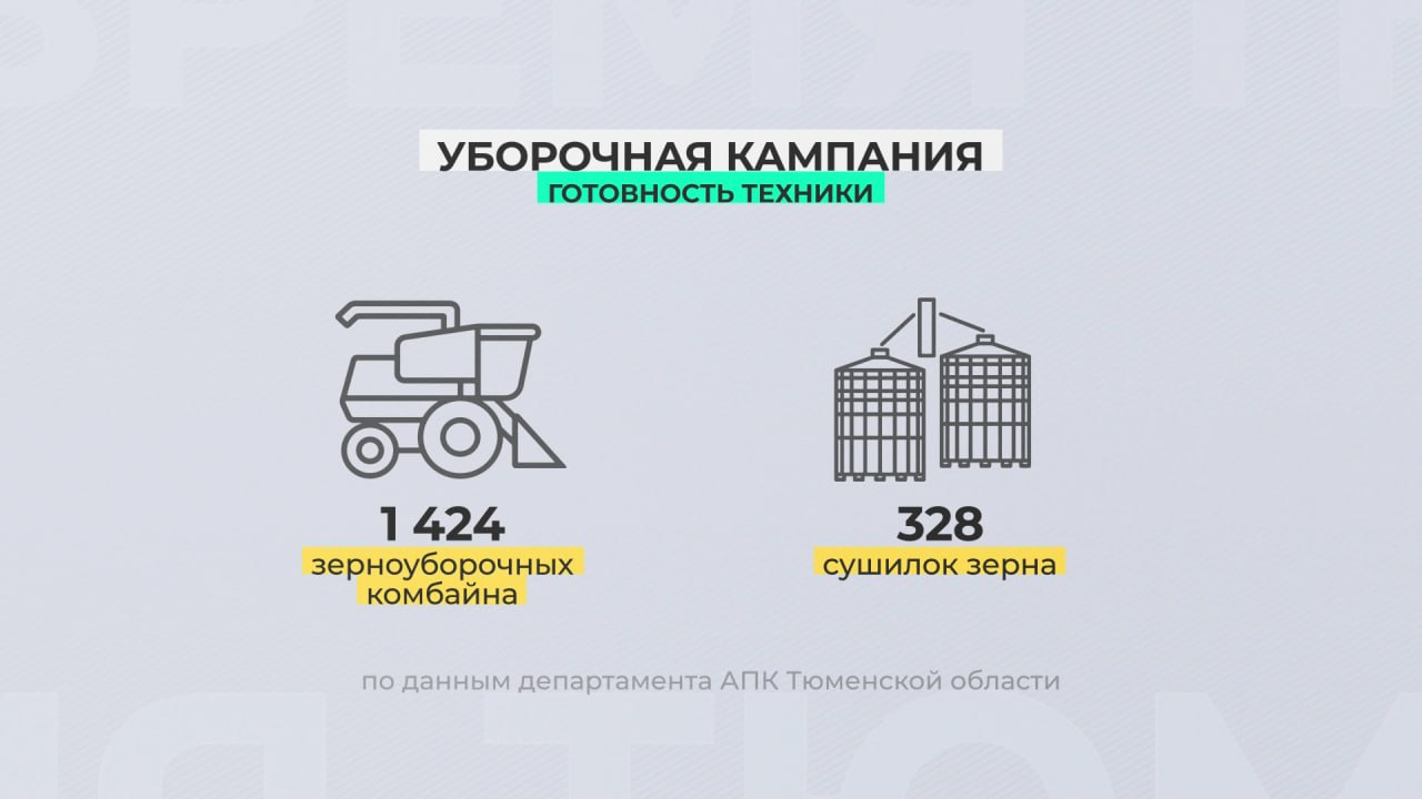 В Тюменской области стартовала уборочная кампания Готовность тюменской сельхозтехники превышает 90 %. Задействовано свыше 1 400 зерноуборочных комбайнов и 328 сушилок зерна. По информации на 6 августа, аграрии уже трёх округов приступили к уборке зерновых и зернобобовых, обработано более 2 тысяч гектаров посевных площадей. Также идёт активный сбор картофеля и овощей открытого грунта. С полей убрали почти полторы тысячи тонн второго хлеба. Урожайность - 349 центнеров с гектара. Подпишись на «Тюменское время»