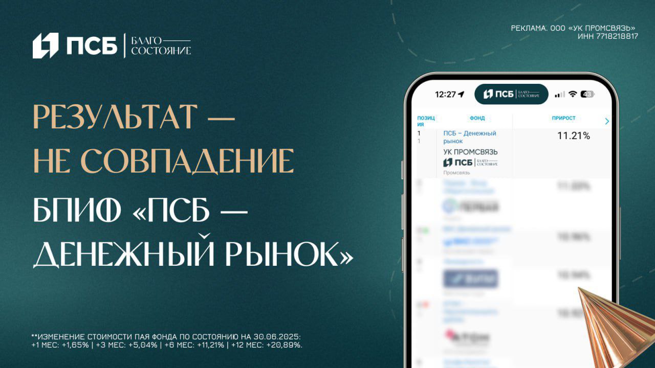 25 июля консенсус рынка ожидает снижение ключевой ставки на 1–2 п.п. А фонды денежного рынка — уже реагируют. Пассивные теряют доходность вслед за ставкой. Гибкие используют момент. БПИФ «ПСБ — Денежный рынок» управляется активно — с учётом изменений в экономике и ставок. • в основе портфеля — краткосрочные инструменты высокого кредитного качества, • управляющие могут тактически добавлять облигации с фиксированным купоном — даже в небольшом объёме такие бумаги способны усилить доходность в фазе снижения ключевой ставки; • ориентир — индикатор RUSFAR, но подход — нацелен на результат выше этого бенчмарка. За 6 месяцев — один из лидеров по доходности среди БПИФ денежного рынка. ПСБ Благосостояние — без лишних слов, только рабочие стратегии. дисклеймер