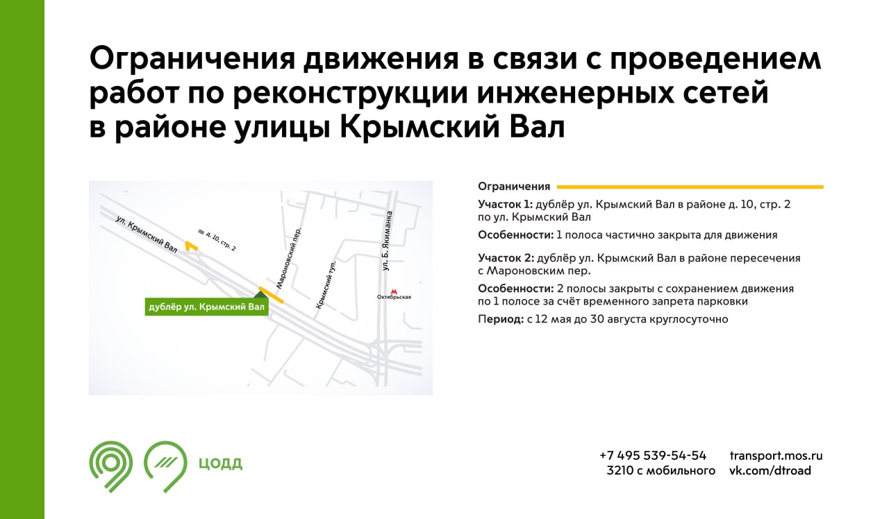 С 12 мая до 30 августа на участках дублёра улицы Крымский Вал будут недоступны для движения 1-2 полосы. Это связано с проведением работ по реконструкции инженерных сетей. Также на одном из участков будет временно запрещена парковка. Обращайте внимание на знаки. Подробнее – на инфографике