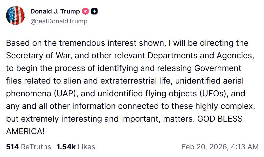 Правительственные файлы об инопланетянах будут обнародованы по требованию Дональда Трампа Президент США заявил что даст указание военному министру и другим соответствующим департаментам и агентствам начать процесс выявления и обнародования файлов Я поручил опубликовать файлы связанные с внеземной жизнью неопознанными воздушными явлениями и неопознанными летающими объектами а также любой другой информацией связанной с этими чрезвычайно сложными но чрезвычайно интересными и важными вопросами написал Трамп в соцсетях  Ранее экс президент США Барак Обама заявил что инопланетяне существуют Он отметил что не сталкивался с ними лично но верит в существование внеземных цивилизаций Больше новостей IZ RU в MAX