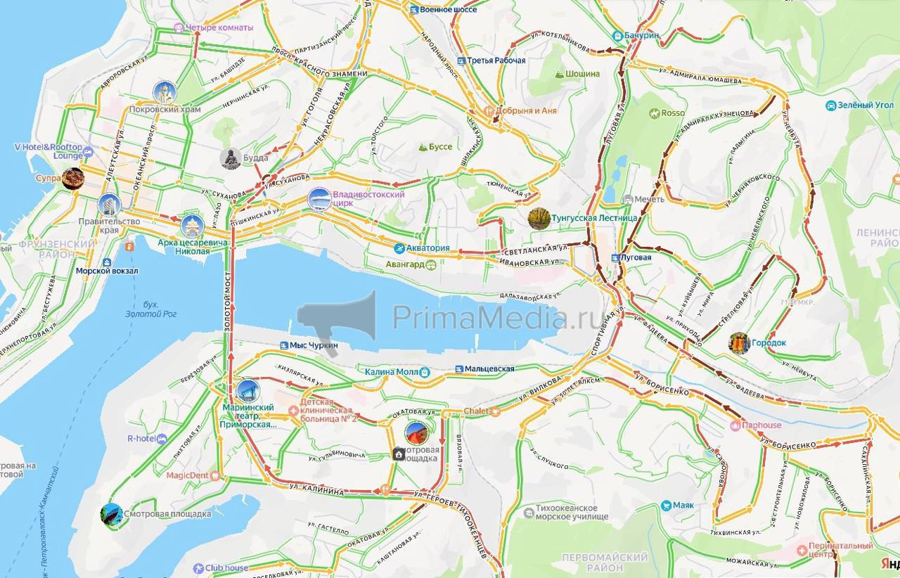 В первый день рабочей недели Владивосток сковали девятибалльные пробки Больше всего по словам очевидцев заторы наблюдаются со стороны Патрокла на Чуркин и на Золотом мосту в сторону центра А вы успели проскочить пробку чтобы без проблем добраться до работы в первую рабочую неделю 2026 года Фото Яндекс Карты 12   PrimaMedia в       подпишись 18