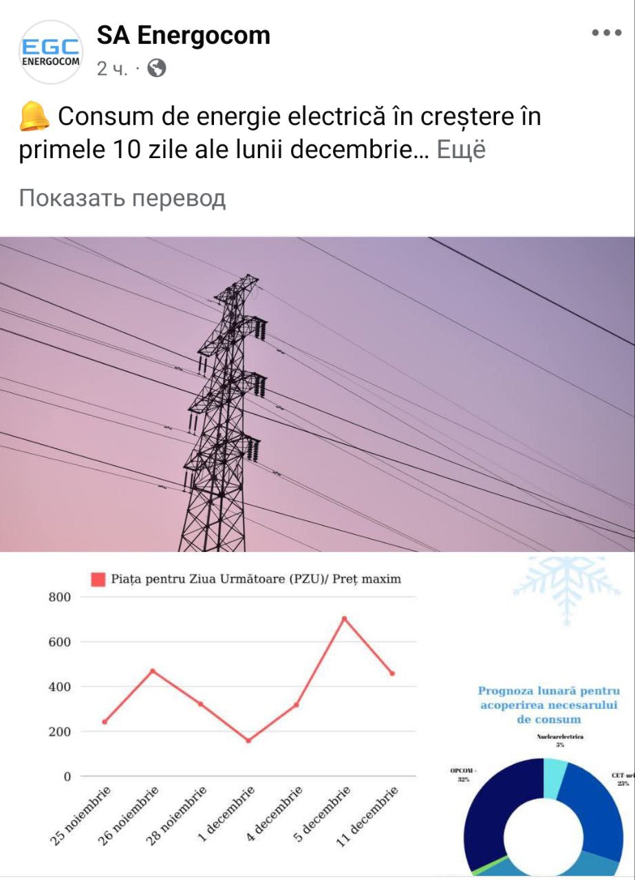 Energocom призывает потребителей рационально использовать энергоресурсы в связи с тем, что в последние 10 дней зафиксирован рост потребления электрической энергии.  Эту потребность Energocom удовлетворяет закупкой у румынской фондовой биржи OPCOM, где цены выше, чем в прошлом месяце.  Отмечается, что повышенный спрос на электроэнергию на местном рынке совпал с ростом цен в OPCOM в конце ноября.  Будем благодарны тем, кто поддержит нас бустами