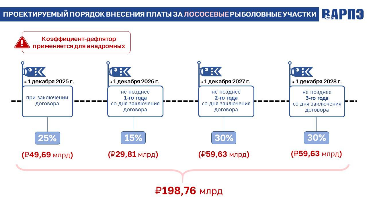 Платеж за рыболовные участки будет распределен на четыре года    Минсельхоз подготовил проект постановления, которым срок платежа за рыболовный участок увеличивают до четырех лет. При перезаключении договора необходимо будет заплатить 25%, еще 15% — в течение года. Два платежа по 30% пользователи должны будут внести до конца второго и третьего годов пользования участками. Действующая редакция постановления № 959 предполагает внесение 40% в момент заключения договора и 60% — равными частями в течение двух лет.  При расчете платы за участки не будет применяться коэффициент-дефлятор, повышающий ставки сбора за пользование водными биоресурсами. Исключение делается для лососевых, что повышает плату за соответствующие участки.  Перезаключить договоры можно лишь до конца 2025 года. В противном случае участки выставят на аукционы после завершения срока пользования. Вчера соответствующий законопроект рассмотрела комиссия Правительства по законопроектной деятельности. На ней глава РСПП Александр Шохин предложил увязать принятие законопроекта с внесением изменений в правительственное постановление о расчете платы за участок и порядке ее внесения. Аналогичную позицию высказал председатель комитета Совета Федерации по аграрно-продовольственной политике и природопользованию Александр Двойных.   Минсельхоз России согласился с доводами. Проект изменений разместили вечером 16 декабря, после заседания правкомиссии.   Добавим, что с инициативой об увеличении срока внесения платы выступили сенаторы и депутаты. ВАРПЭ поддержала их. В частности, предложение о трехлетней рассрочке вошло в итоговое решение годового собрания ассоциации, которое состоялось 5 декабря.     В России 9192 рыболовных участка, из которых 2175 — для добычи лососевых. Действие примерно половины договоров на право пользования последними заканчивается в 2027–2029 годах. Если все 100% пользователей заключат договоры в 2025 году, то добытчики лососевых заплатят в бюджет почти ₽200 млрд, так как к ним не применяется послабление по коэффициенту-дефлятору.  Как будут вносить платеж пользователи лососевых участков — в инфографике ВАРПЭ