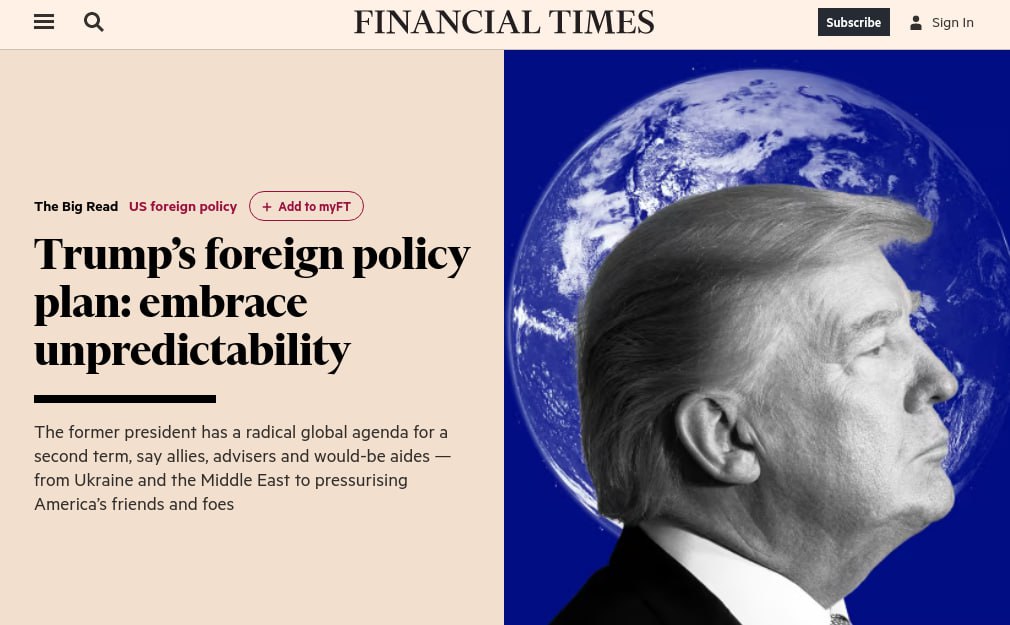 У Трампа тоже есть мирный план  Газета Financial Times выкатила план урегулирования украинского конфликта от кандидата-республиканца. Предполагается, что это станет своего рода переосмыслением провалившихся Минских соглашений. В чём суть:   Будет механизм принуждения, предполагающий недвусмысленные последствия за нарушения договорённостей   Будут созданы автономные и демилитаризованные зоны по обе стороны границы   Украина не вступает в НАТО   Европейские страны станут «гарантами» и «надзирателями» мирного процесса. Вовлечённость США и НАТО будет минимальной  Подписывайтесь на «Абзац»