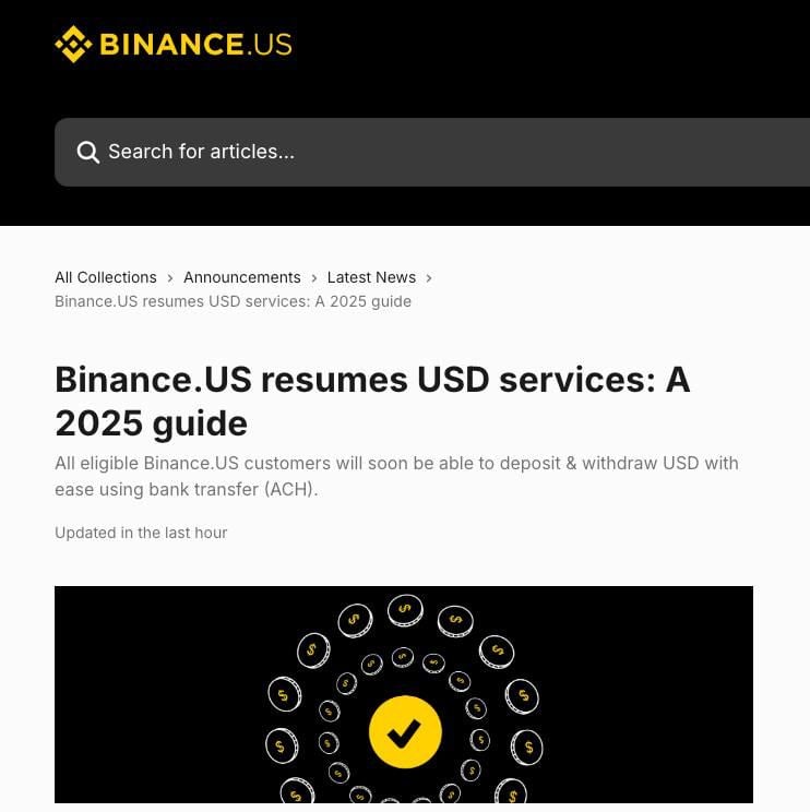 Криптобиржа Binance US снова принимает USD. С сегодняшнего дня всем соответствующим требованиям клиентам будет постепенно открываться доступ к вводу и выводу $. Впервые c 2023. Видимо, это та самая большая новость, которую биржа анонсировала вчера.  На старте доступны 10 торговых пар: #BTC/USD, #XLM/USD, #DOGE/USD, #SOL/USD, #ETH/USD, #ADA/USD, #HBAR/USD, #SHIB/USD, #SUI/USD и #BNB/USD. Список, в котором примечательно выглядят такие относительно новички рынка как HBAR и SUI.  Новость знаковая. Возвращение торговых пар с USD можно расценивать как показатель, что платформа работает в легальном поле, сотрудничает с фин. институтами. И готова давать пользователям прямой и удобный доступ к рынку, простую фиатную точку входа и выхода. Без рисков поймать убытки на депеге стейблкоинов, в частности.