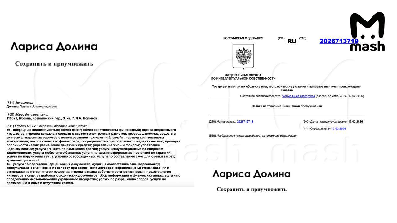 Лариса Долина подала заявку на регистрацию товарного знака в сфере недвижимости в Роспатент сообщает Mash Певица и ее партнеры планируют заниматься операциями с недвижимостью обменом и переводом денег Адресом указан тот же дом за который Долина судилась в прошлом году Главней всего риелтор в доме При отключении интернета доступен наш канал в Max Честно говоря ВК MAX подписывайтесь