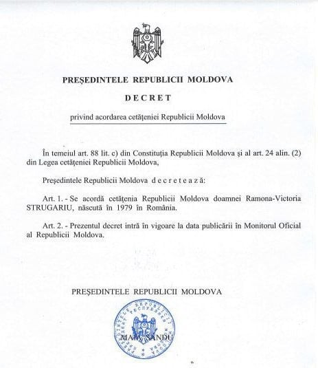 Президент Санду подписала указ о предоставлении гражданства Молдовы румынке Рамоне-Виктории Стругариу, ранее назначенной на должность главы Национального института юстиции.