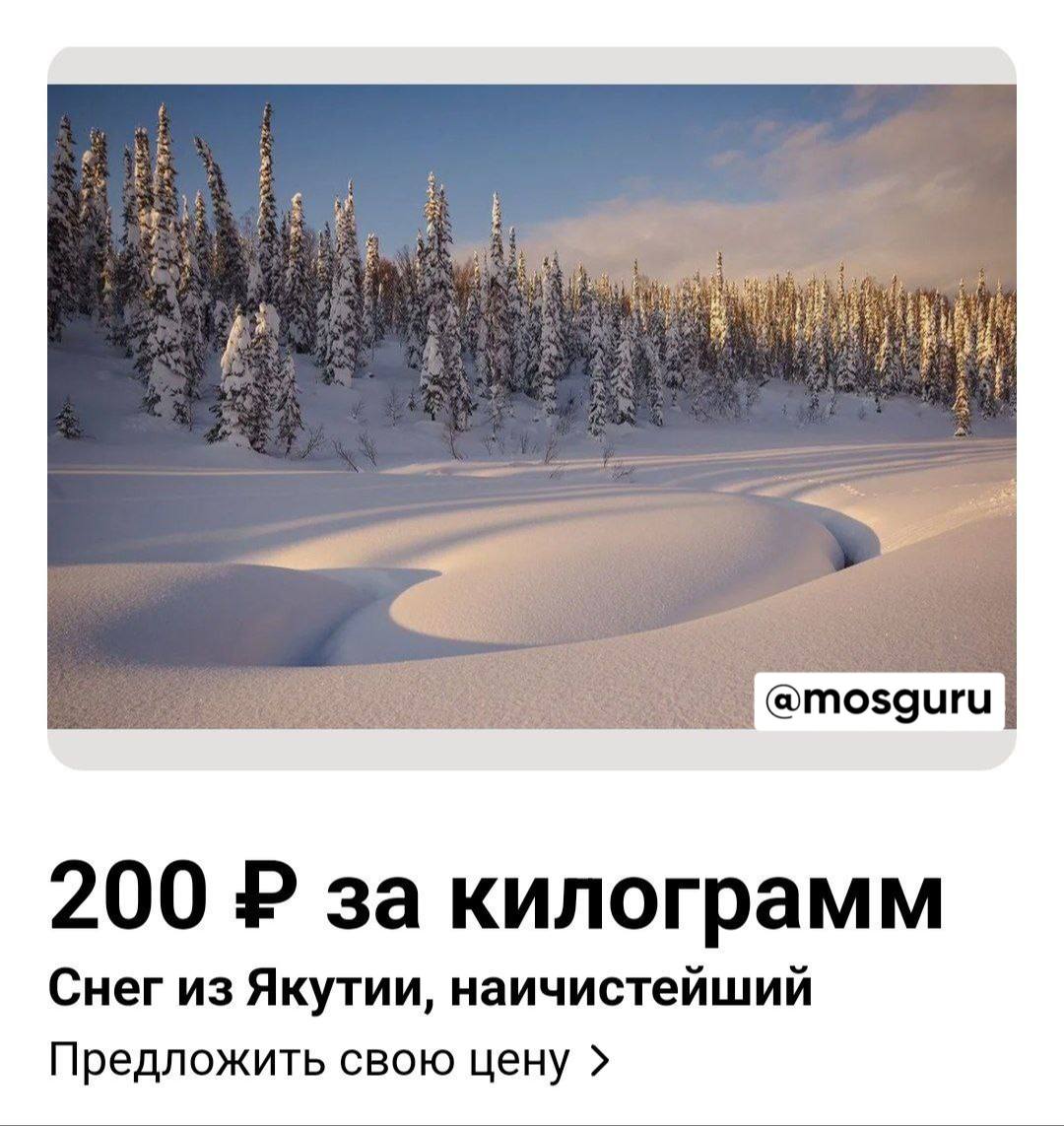 Снег из Якутии начали продавать в Москве — по 200 рублей за килограмм.   По заверению продавца, это чистейший, безопасный снег из далеких лесов Якутии.    Первый Московский