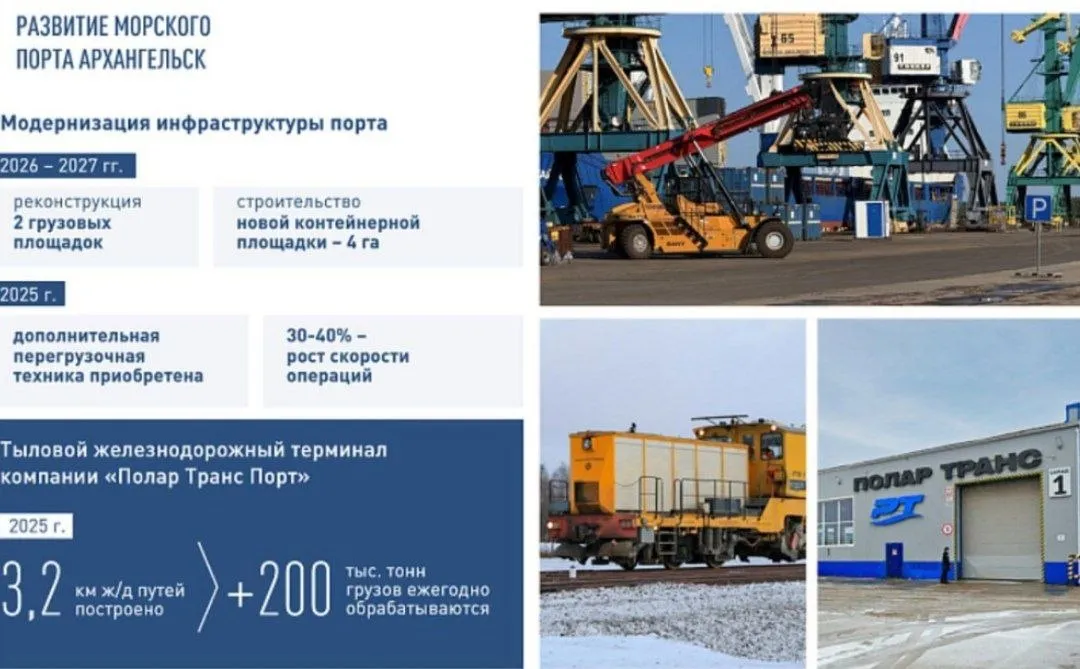 Губернатор А Цыбульский отчитался перед областным Собранием депутатов о результатах деятельности Архангельского порта по итогам 2025 года Порт укрепляет свои позиции в Арктике и сохраняет статус ключевого объекта экономической политики региона Грузооборот составил 4 7 млн тонн обеспечившись за счёт генеральных грузов удобрений и контейнеров В рамках проекта Арктический экспресс 1 выполнено по 7 импортных и экспортных рейсов перевезено 17 5 тыс TEU Начаты работы по реконструкции двух грузовых площадок и строительству новой площади на 4 га плановый срок 2026 2027 годы   За счёт обновления техники скорость погрузки увеличена на 30 40   Введён в эксплуатацию тыловой терминал Полар Транс Порт с путевой сетью протяжённостью 3 2 км что обеспечило дополнительную пропускную способность в 200 тыс тонн в год Совместно с Росатомом готовится к освоению глубоководный район порта В сфере беспилотной доставки регион занял 22 е место в федеральном рейтинге а катер Бриз подтвердил эффективность безэкипажной логистики на маршруте Архангельск Соловки В 2025 году в рамках северного завоза доставлено 22 5 тыс тонн грузов
