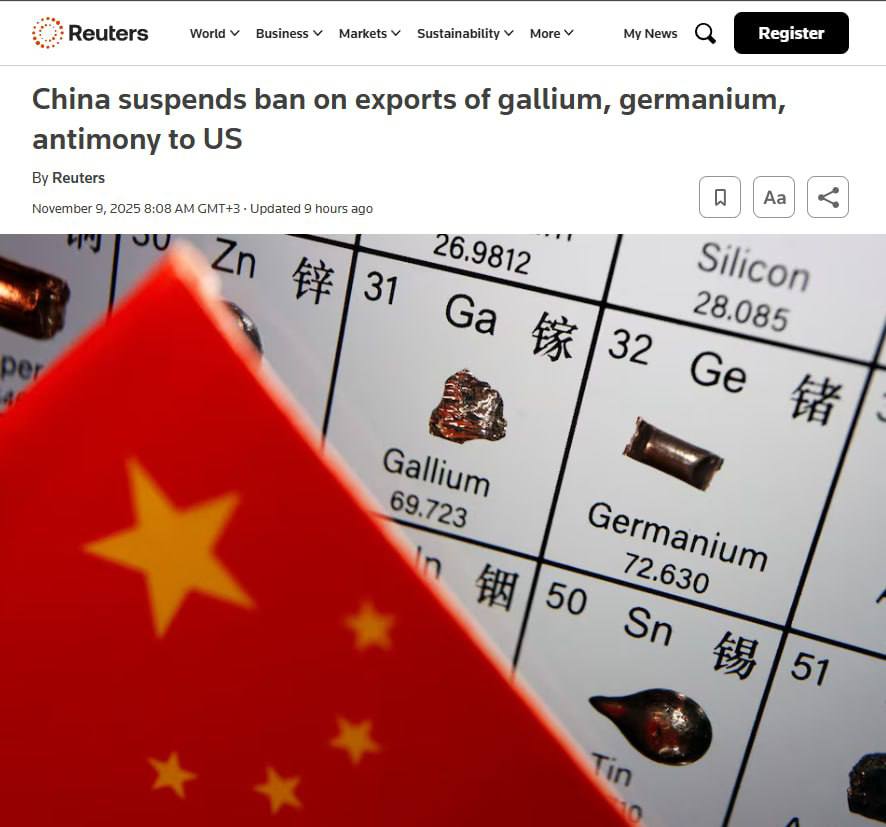Китай заморозил ограничения на экспорт галлия сурьмы и германия в США Reuters Решение действующее до конца ноября 2026 года принято по договоренности лидеров двух стран Также упрощен экспорт графита и сняты ограничения на редкоземельные металлы Caucasian bureau