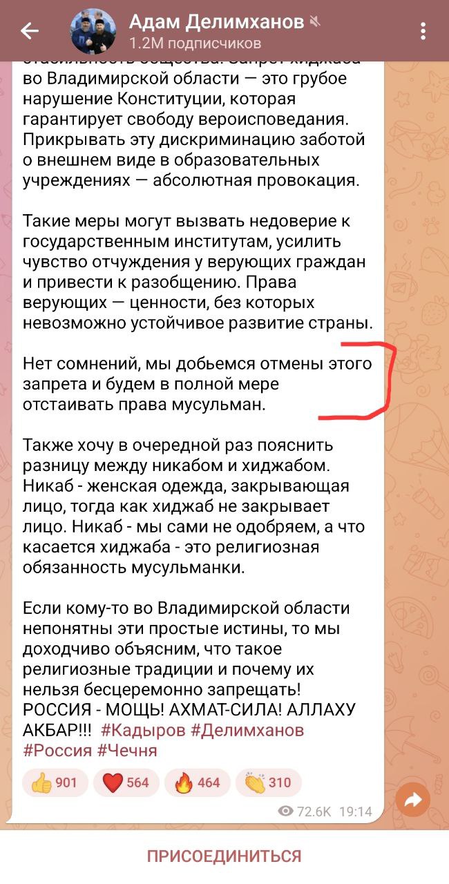 Адам Делимханов пообещал добиться отмены запрета ношения хиджабов и никабов во Владимирской области по просьбе ДОРОГОГО ДОНА.  Ранее региональный департамент образования запретил ношение хиджабов в школах. ___ Нужно не только во Владимирской области запретить, а на федеральном уровне, включая Чечню. Ношение никабов вообще признак радикального политического исламизма, равно как и бородки без усов.