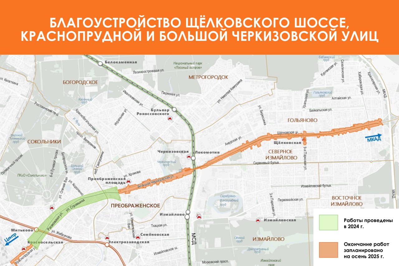 Благоустройство Щелковского шоссе планируется завершить осенью, рассказал Сергей Собянин. Ежегодно реализуем тысячи проектов благоустройства на разных городских территориях: от дворов и парков до улиц и зон возле транспортных объектов. В этом году в планах – привести в порядок около 700 городских улиц, среди которых сразу три больших вылетных магистрали: ул. Профсоюзная с проспектом 60-летия Октября, Волгоградский проспект с ул. Марксистская и Щелковское шоссе с ул. Краснопрудная и Большая Черкизовская. Мэр подчеркнул, что Щелковское шоссе – одно из крупнейших дорожных направлений Москвы, в зоне его притяжения проживают порядка 570 тыс. человек. В сутки оно пропускает больше 22 тыс. автомобилей. Пассажиропоток 51 маршрута городского транспорта составляет 250 тыс. человек ежедневно. Масштабные, объемные работы ведутся на участке от Комсомольской площади до МКАД. «Москва»