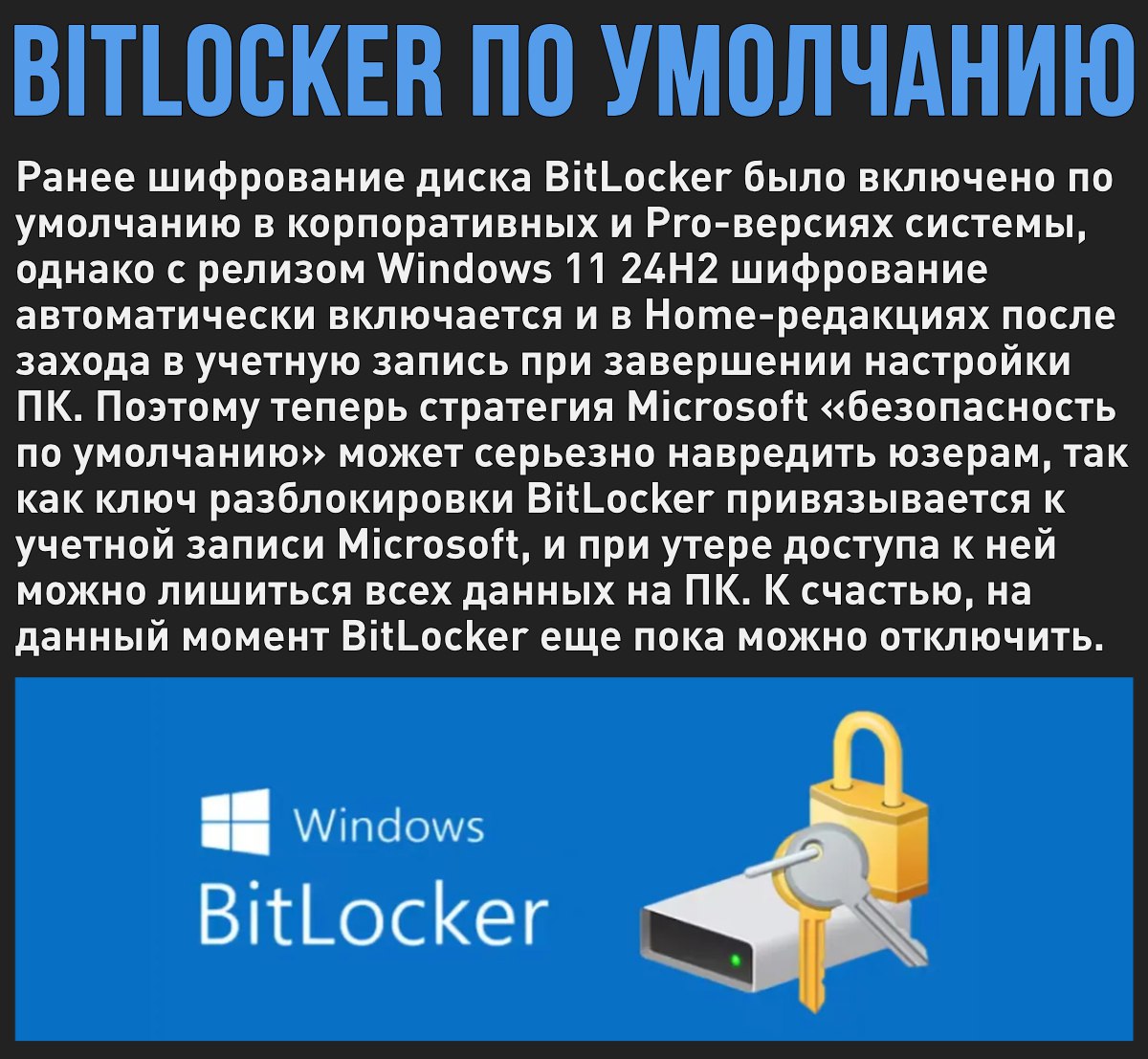 Windows 11 24H2 идет с шифрованием BitLocker по умолчанию во всех редакциях. Хорошо для безопасности, плохо при потере учетной записи Microsoft Мой Компьютер