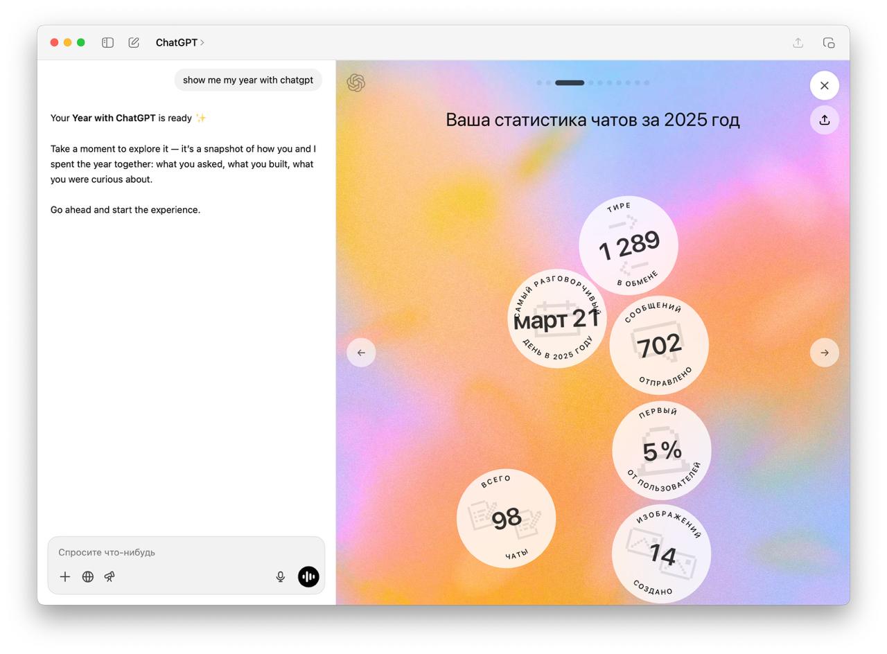 Подводим итоги года в ChatGPT в бота подвезли новый интерфейс в честь праздников Показывает статистику составляет портрет личности и даже дает предсказание на 2026 й Просто вставляем промт show me my year with ChatGPT Работает даже без подписки но пока только с иностранными IP адресами Можно попробовать США или Канаду