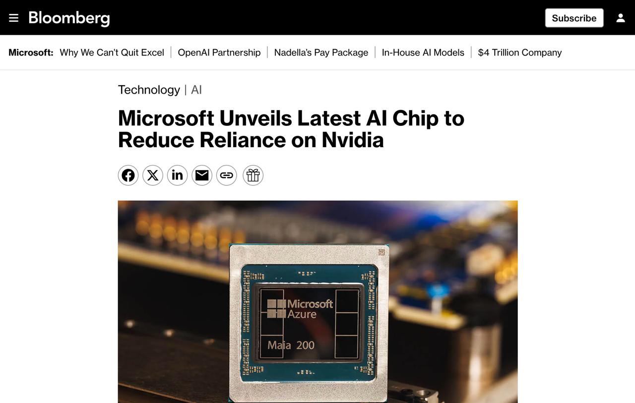 Microsoft представила новейший ИИ чип который может стать альтернативой чипам Nvidia Компания представила чип Maia 200 который предназначен для запуска мощных моделей ИИ на высоких скоростях По словам Microsoft по производительности этот превышает аналогичные чипы от Google и Amazon При этом в проекте уже есть преемник чип Maia 300 Мировые техгиганты разрабатывают собственные чипы на фоне дефицита и высокой стоимости чипов от Nvidia которые пока занимают лидирующие позиции на рынке Bloomberg finlock