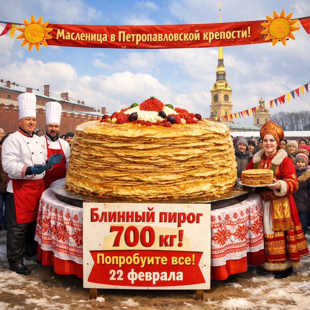 Блинный пирог весом 700 кг приготовят в Петропавловской крепости на Масленицу Его смогут попробовать все желающие 22 февраля