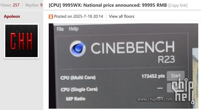 96-ядерный Threadripper PRO 9995WX набрал 170 тысяч в Cinebench R23 Судя по всему, тест новинки проводился в разгоне, так как стоковый 96-ядерный Threadripper PRO 7995WX предыдущего поколения набирает порядка 120 тысяч баллов, а разница между Zen 4 и 5 не дает прироста в 45%. Тем более Threadripper PRO 7995WX под воздушным охлаждением легко гонится до 160 тысяч баллов, а под жидким азотом до 210 тысяч. Так что на практике 7995WX и 9995WX будут достаточно близки, хотя новинка стоит почти на 2 тысячи долларов дороже – $11 700.