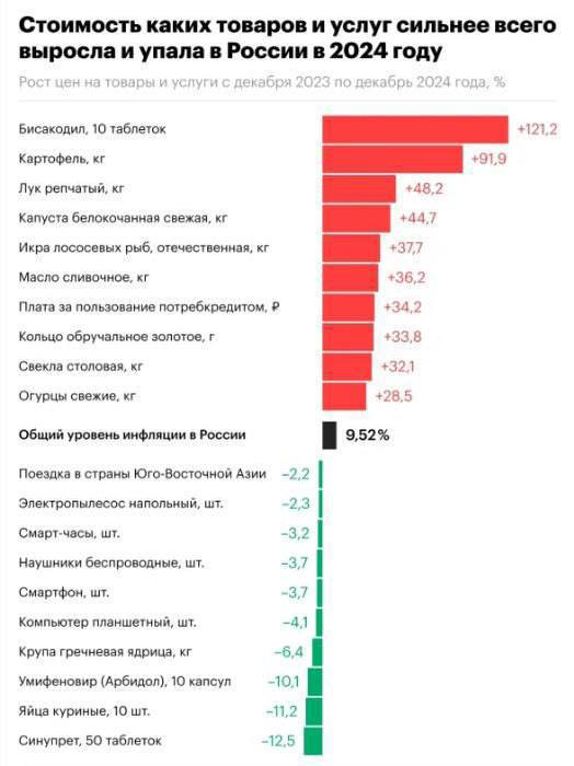 Официальный уровень инфляции в России в 2024 году составил 9,52%. Больше всего подорожали обезболивающие и картофель.