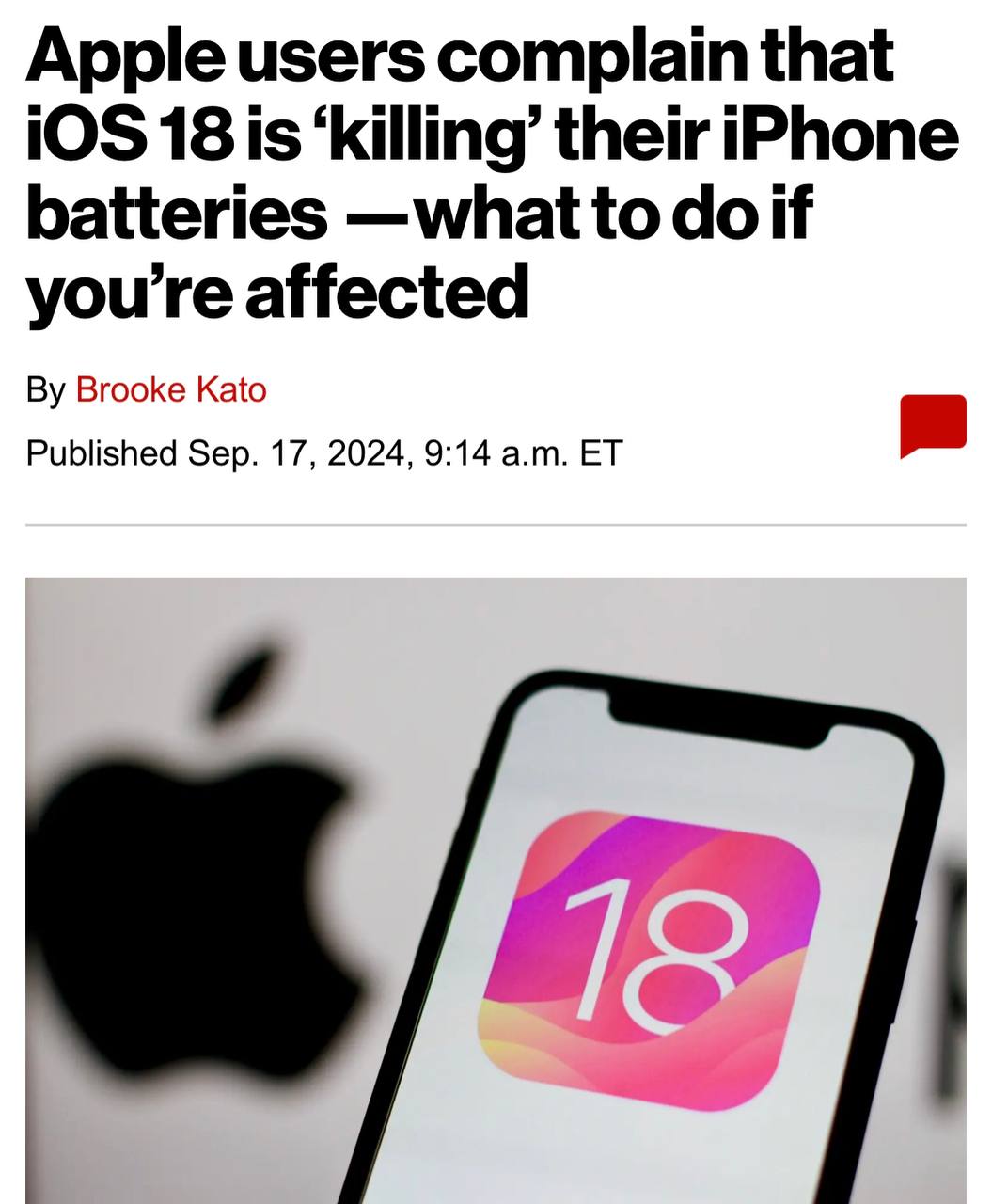 iOS 18 убивает батареи iPhone, пишет New York Post. Спустя сутки после выхода новой ОС соцсети наводнили жалобы о том, что после обновления их аккумуляторы стали разряжаться быстрее. Теперь люди массово жалеют о том, что решили обновиться.  Один из пользователей заявил: даже если не пользоваться смартфоном, то за два часа он сядет до 67%.   Тим Кук: что, первый раз?